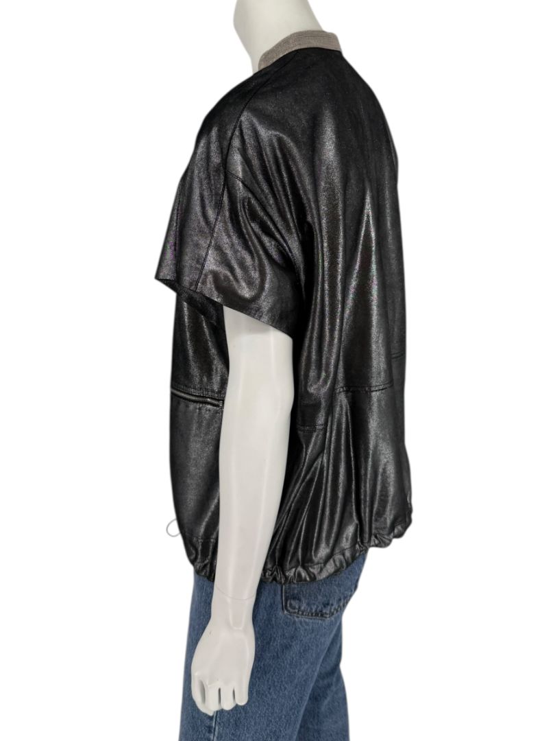 Lafayette 148 New York Metallic Leather Short-Sleeve Zip Jacket – Size M