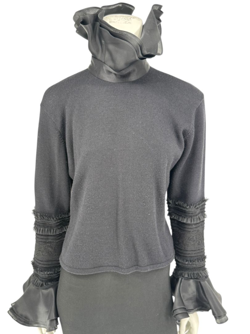 Zang Toi Black Wool-Cashmere Ruffled Fantasy Sleeve Top – Size XL