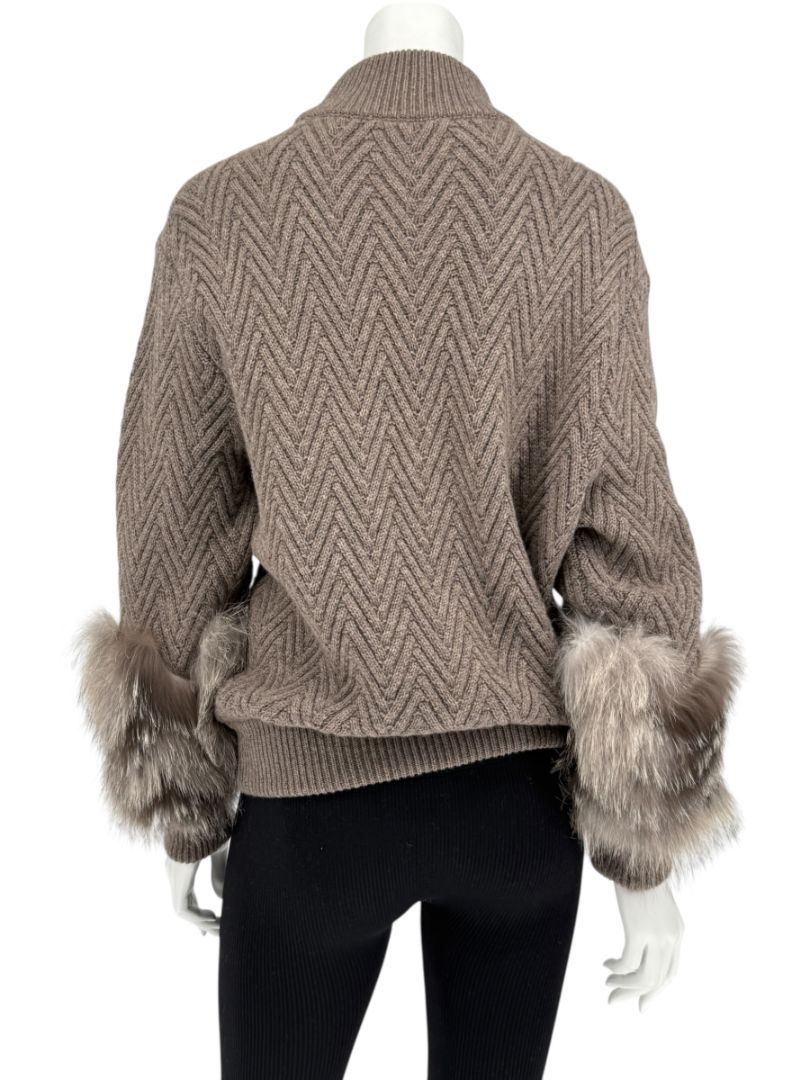Agnona Taupe Chevron Cashmere Sweater with Fox Fur Cuffs – Size M