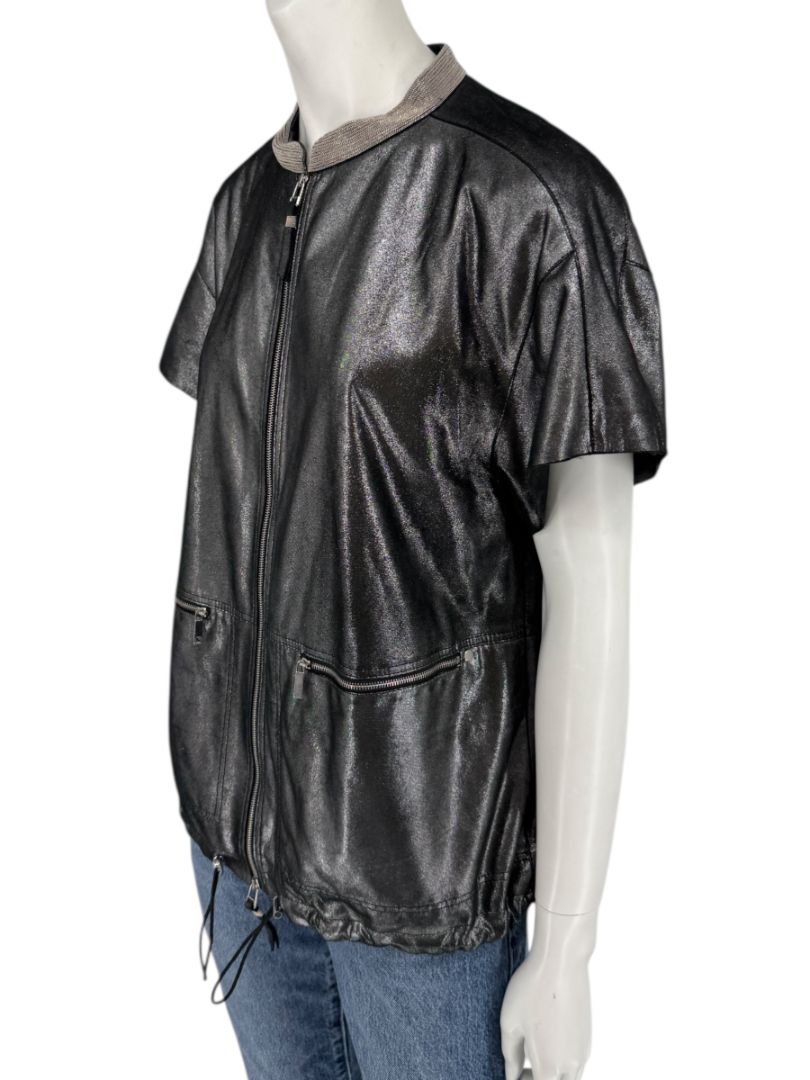 Lafayette 148 New York Metallic Leather Short-Sleeve Zip Jacket – Size M