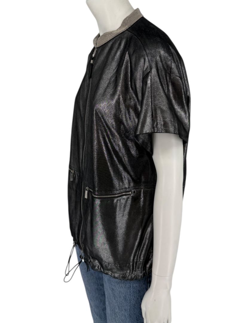 Lafayette 148 New York Metallic Leather Short-Sleeve Zip Jacket – Size M