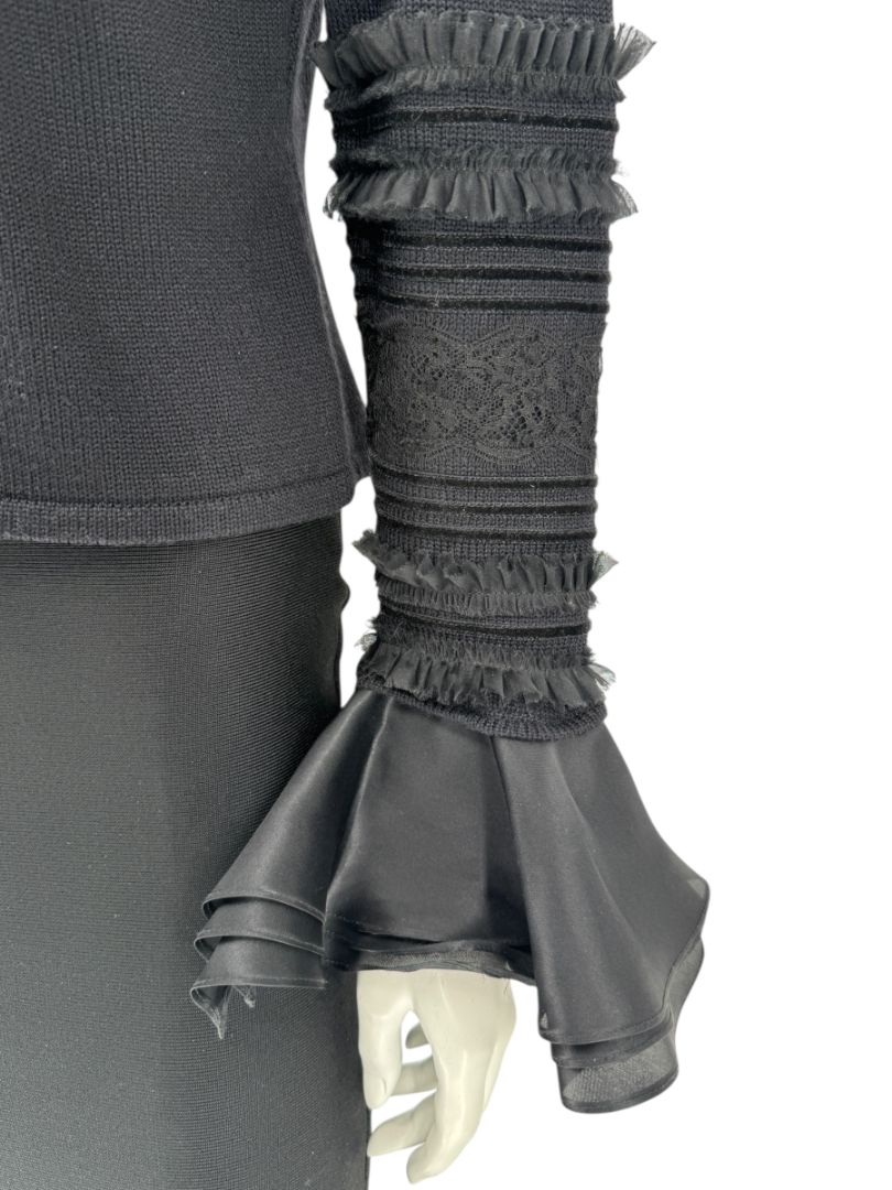 Zang Toi Black Wool-Cashmere Ruffled Fantasy Sleeve Top – Size XL