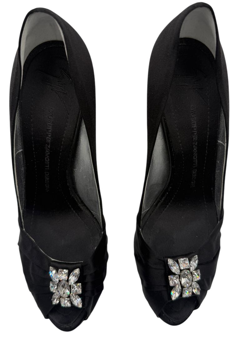 Giuseppe Zanotti Black Satin Crystal Embellished Peep-Toe Heels – Size 41