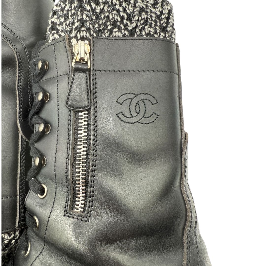 Chanel Black Leather Combat Boots with Knit Cuff – Size 41.5