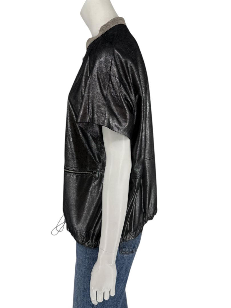 Lafayette 148 New York Metallic Leather Short-Sleeve Zip Jacket – Size M