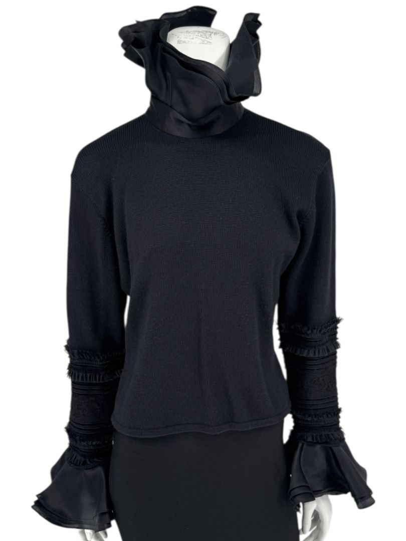 Zang Toi Black Wool-Cashmere Ruffled Fantasy Sleeve Top – Size XL