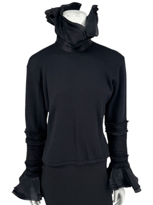 Zang Toi Black Wool-Cashmere Ruffled Fantasy Sleeve Top – Size XL