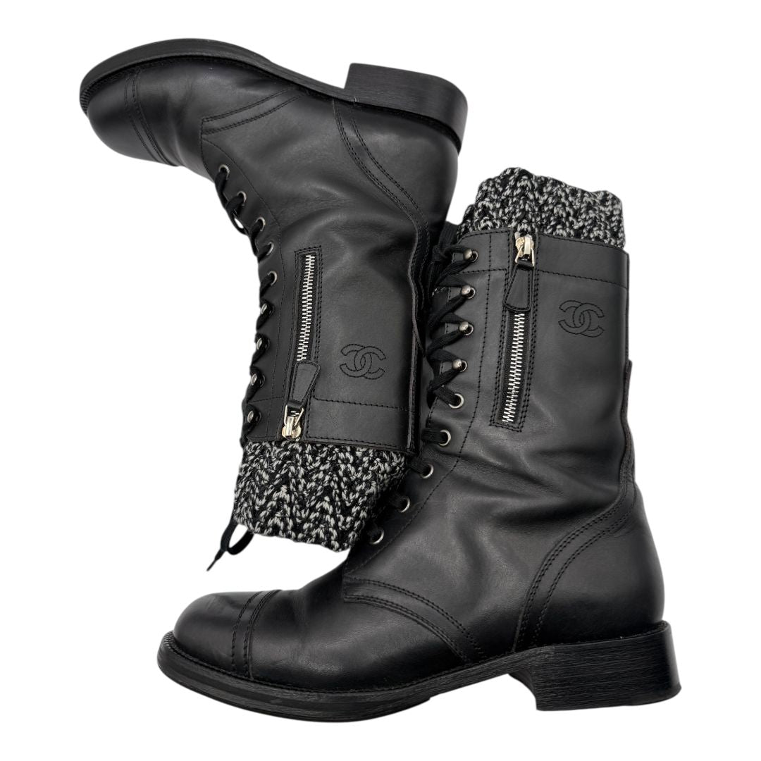 Chanel Black Leather Combat Boots with Knit Cuff – Size 41.5