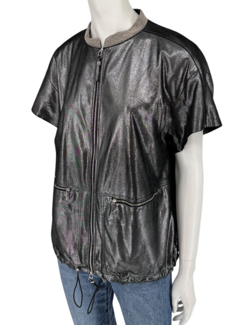 Lafayette 148 New York Metallic Leather Short-Sleeve Zip Jacket – Size M