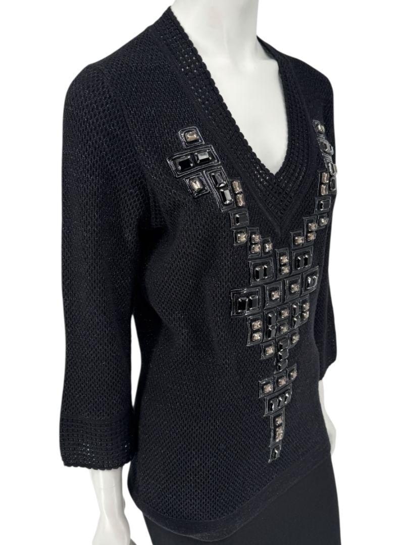 Carolina Herrera Black Embellished Open-Knit V-Neck Sweater – Size XL