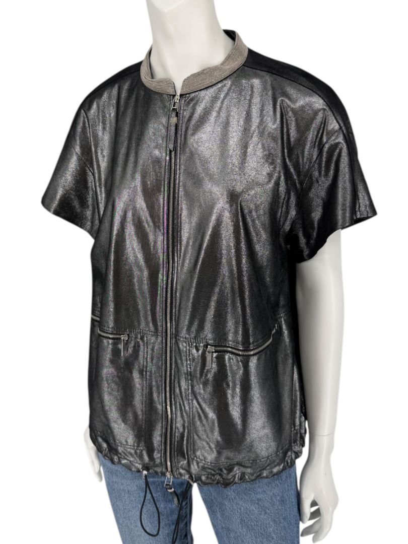 Lafayette 148 New York Metallic Leather Short-Sleeve Zip Jacket – Size M