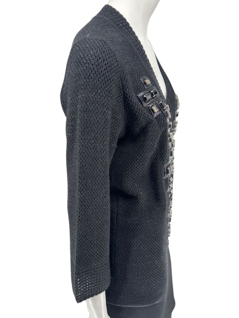 Carolina Herrera Black Embellished Open-Knit V-Neck Sweater – Size XL