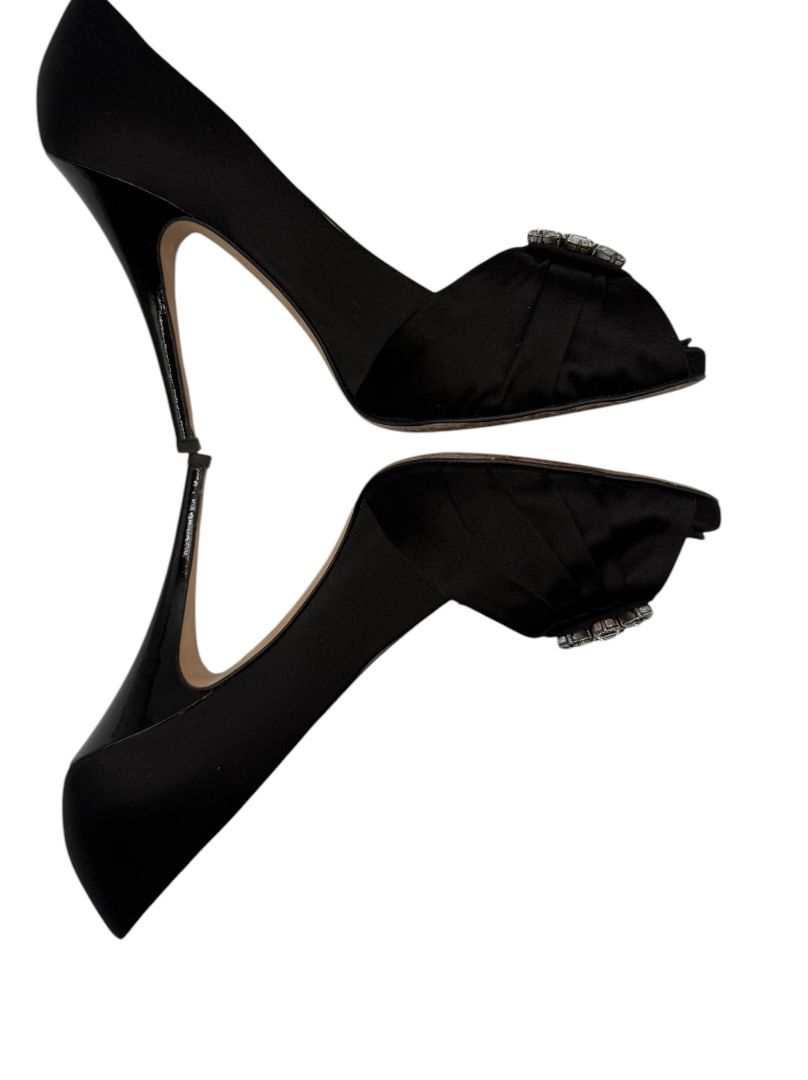 Giuseppe Zanotti Black Satin Crystal Embellished Peep-Toe Heels – Size 41