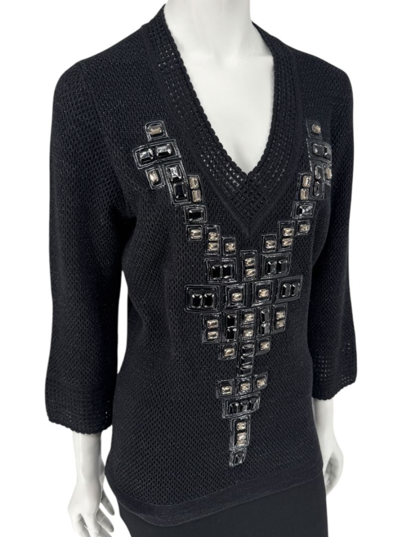 Carolina Herrera Black Embellished Open-Knit V-Neck Sweater – Size XL