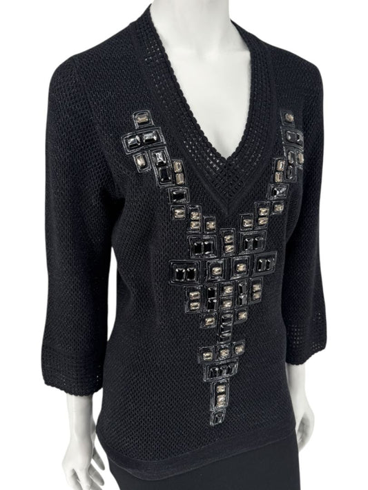 Carolina Herrera Black Embellished Open-Knit V-Neck Sweater – Size XL