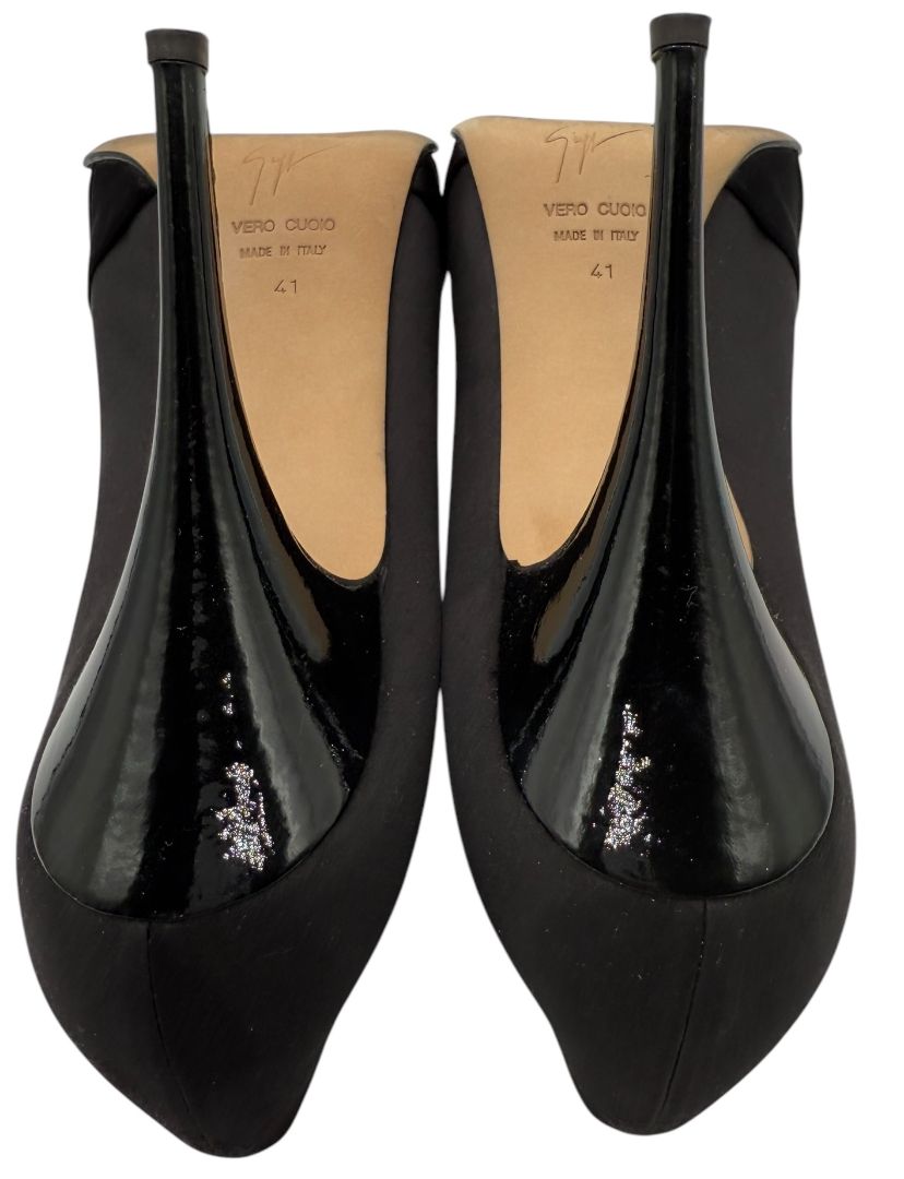 Giuseppe Zanotti Black Satin Crystal Embellished Peep-Toe Heels – Size 41
