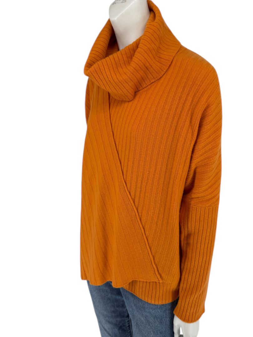 Lafayette 148 New York Burnt Orange Ribbed Wool Cowl Neck Sweater – Size L