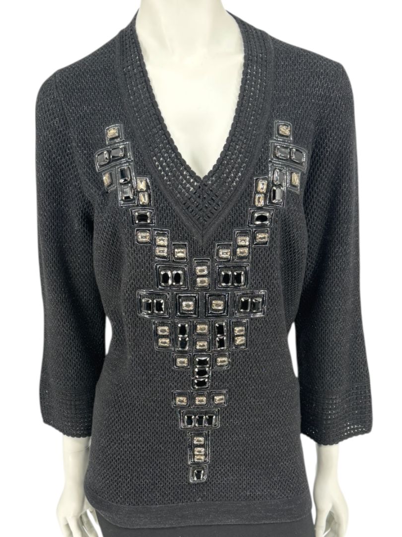 Carolina Herrera Black Embellished Open-Knit V-Neck Sweater – Size XL