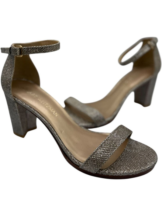 Stuart Weitzman Gold Glitter Ankle-Strap Block Heel Sandals – Size 8.5