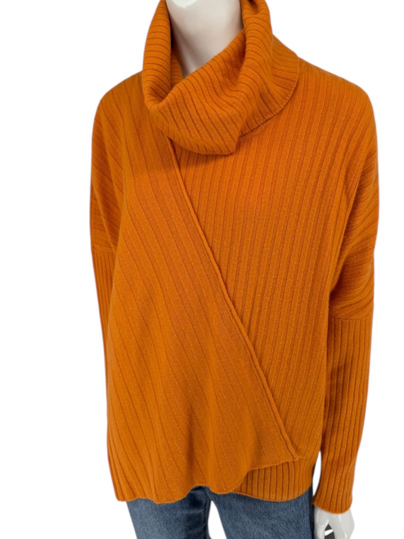 Lafayette 148 New York Burnt Orange Ribbed Wool Cowl Neck Sweater – Size L