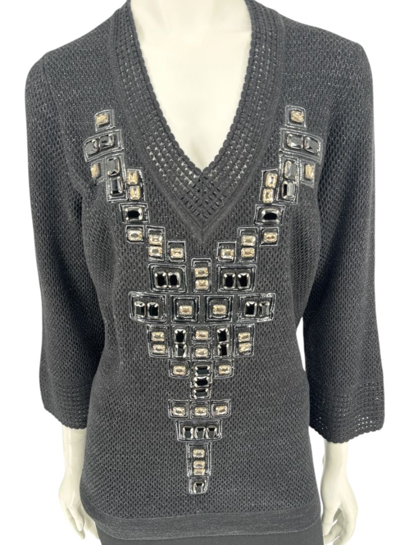 Carolina Herrera Black Embellished Open-Knit V-Neck Sweater – Size XL