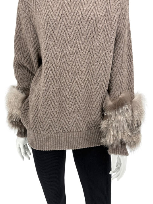 Agnona Taupe Chevron Cashmere Sweater with Fox Fur Cuffs – Size M