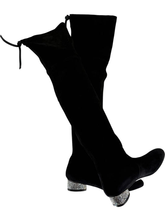 Stuart Weitzman Black Velvet Crystal Heel Over-the-Knee Boots – Size 9