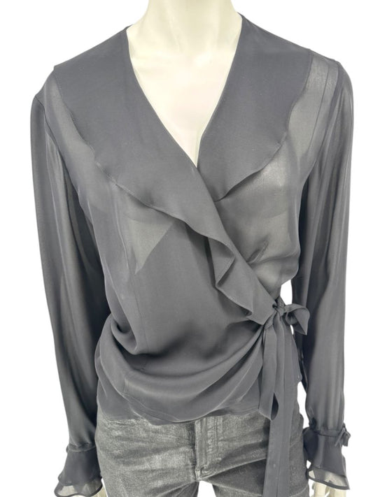 Ron Leal Black Sheer Wrap Blouse – Size 6 US / 42 IT