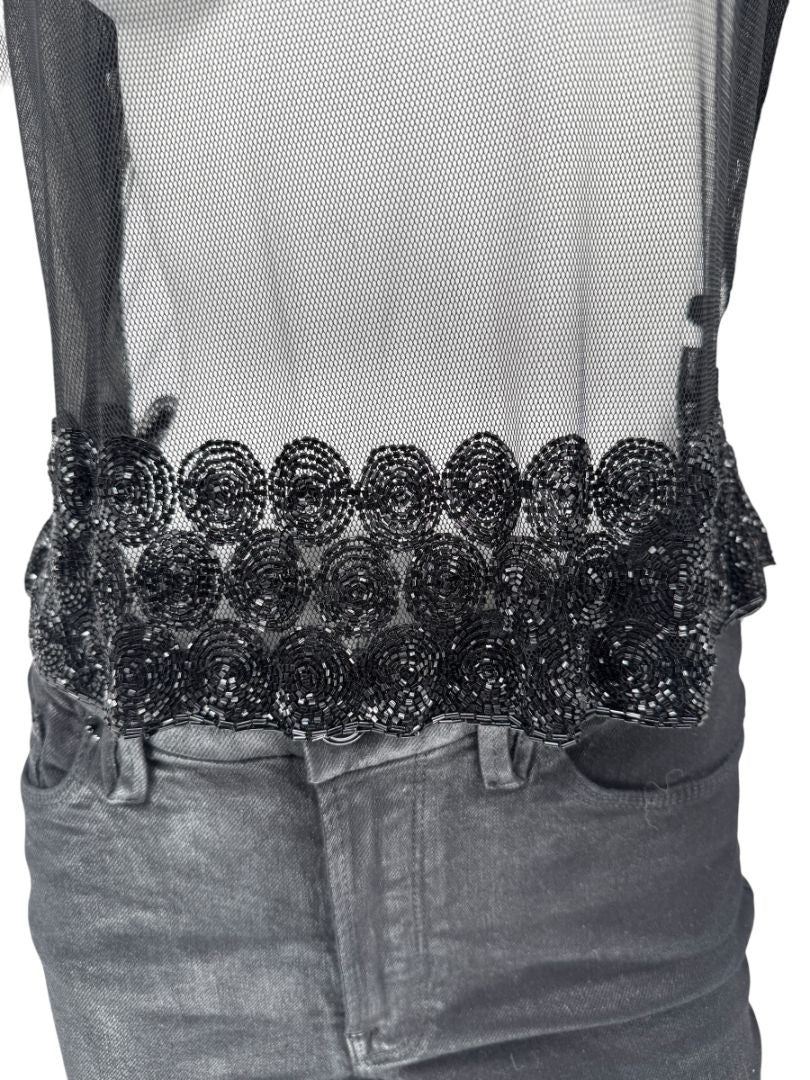 Linda Allard for Ellen Tracy Black Sheer Mesh Beaded Blouse - Size 12