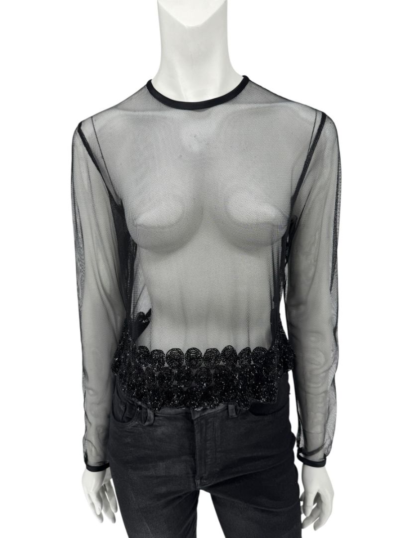 Linda Allard for Ellen Tracy Black Sheer Mesh Beaded Blouse - Size 12