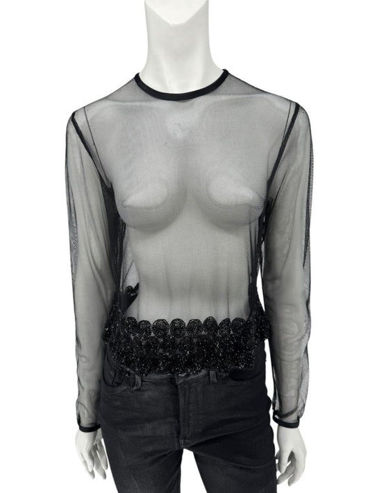 Linda Allard for Ellen Tracy Black Sheer Mesh Beaded Blouse - Size 12