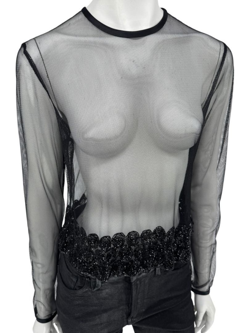 Linda Allard for Ellen Tracy Black Sheer Mesh Beaded Blouse - Size 12