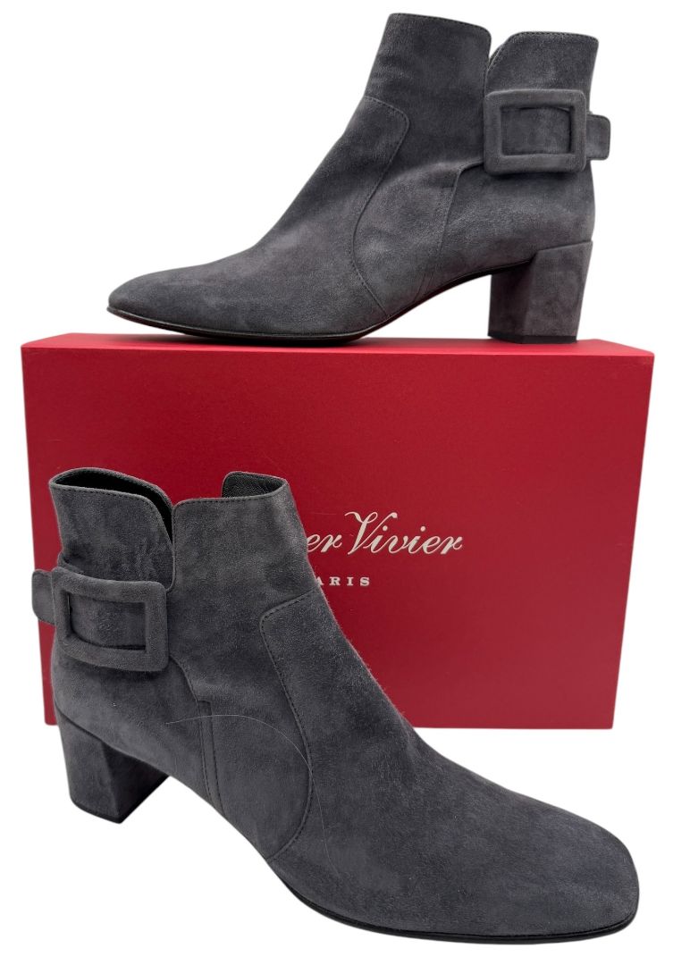 Roger Vivier Gray Suede Ankle Boots with Buckle Detail – Size 41