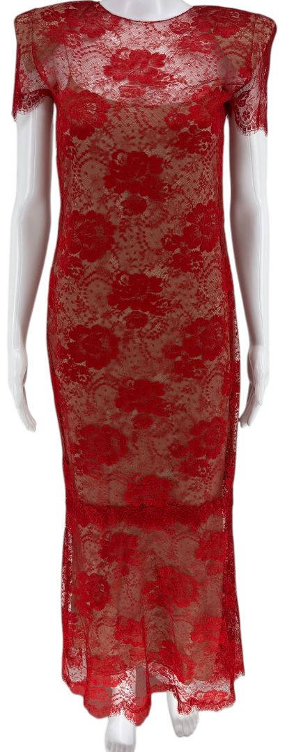 Bill Blass Red Lace Sheer Gown – Size 6