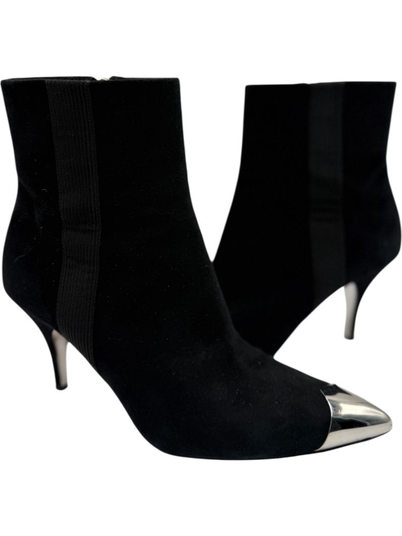 Calvin Klein Black Suede Booties with Silver Toe Cap – Size 39