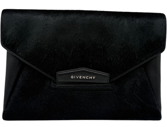 Givenchy Black Pony Hair Accented Antigona Envelope Clutch Bag