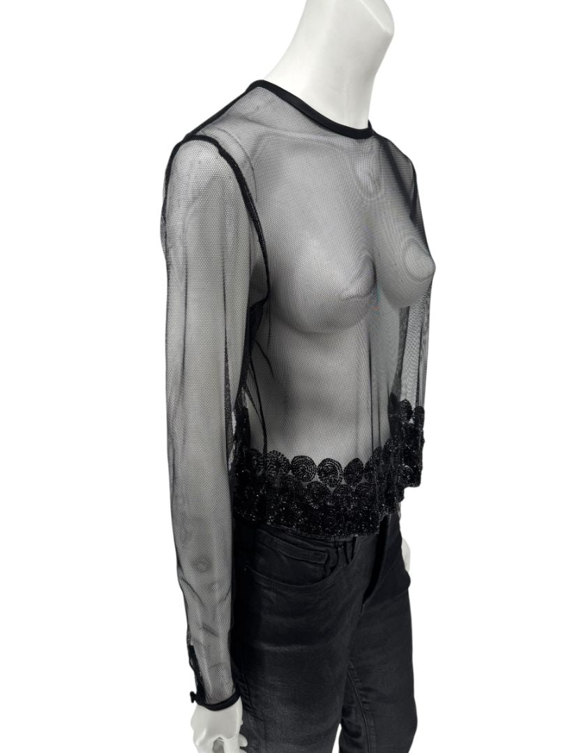 Linda Allard for Ellen Tracy Black Sheer Mesh Beaded Blouse - Size 12