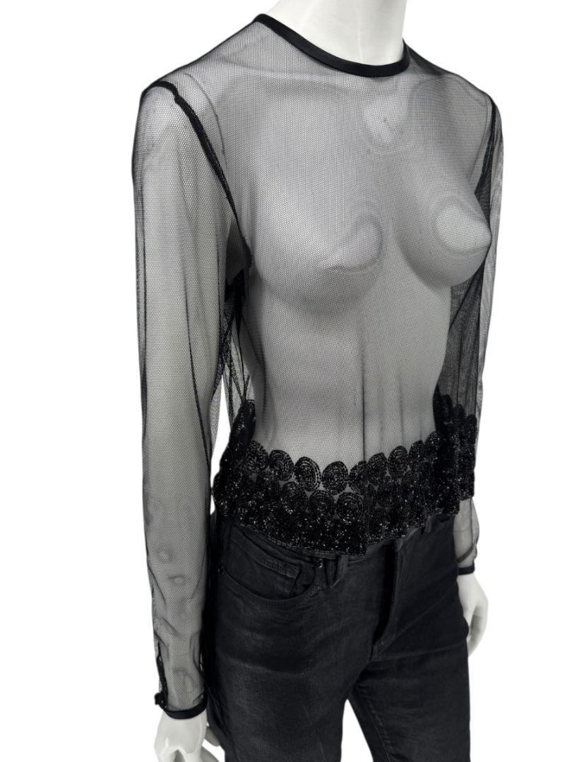 Linda Allard for Ellen Tracy Black Sheer Mesh Beaded Blouse - Size 12