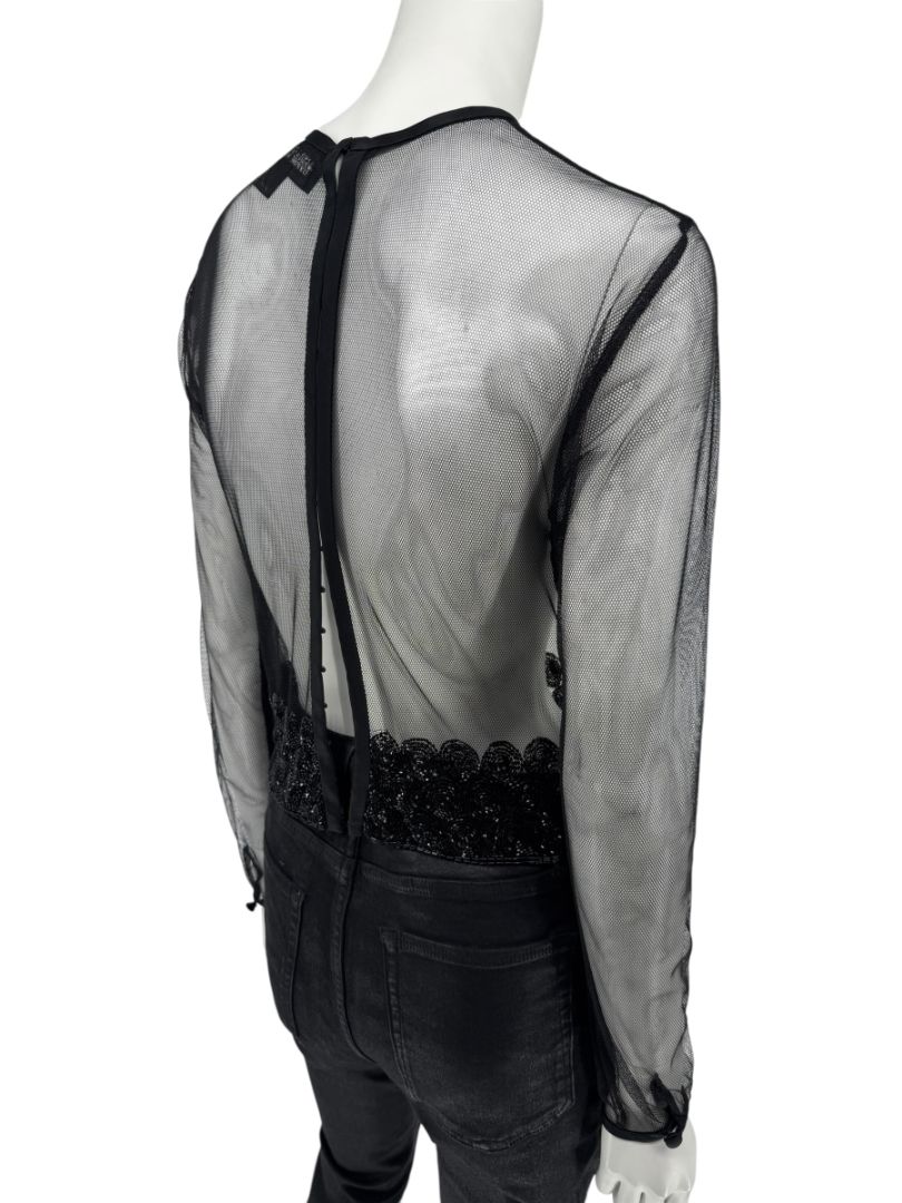 Linda Allard for Ellen Tracy Black Sheer Mesh Beaded Blouse - Size 12