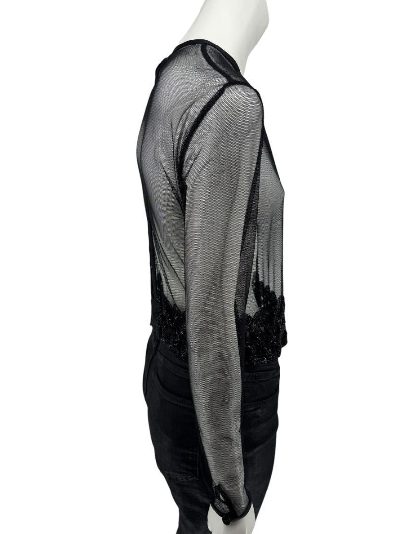 Linda Allard for Ellen Tracy Black Sheer Mesh Beaded Blouse - Size 12