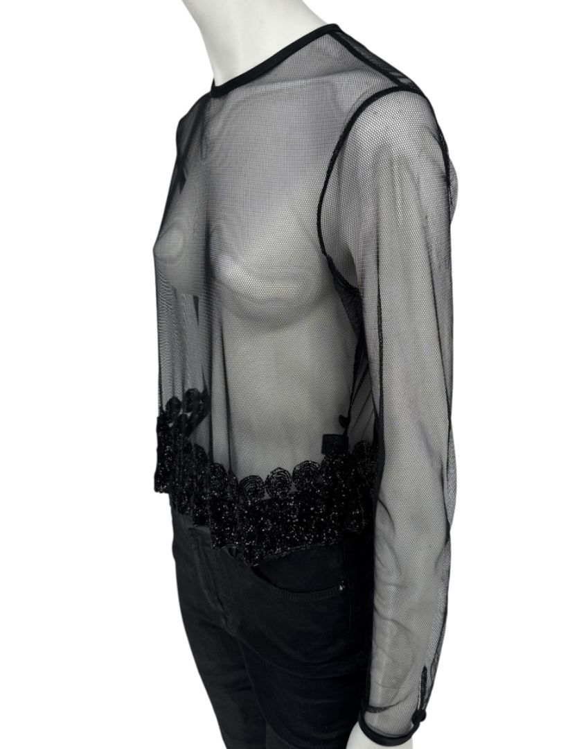 Linda Allard for Ellen Tracy Black Sheer Mesh Beaded Blouse - Size 12
