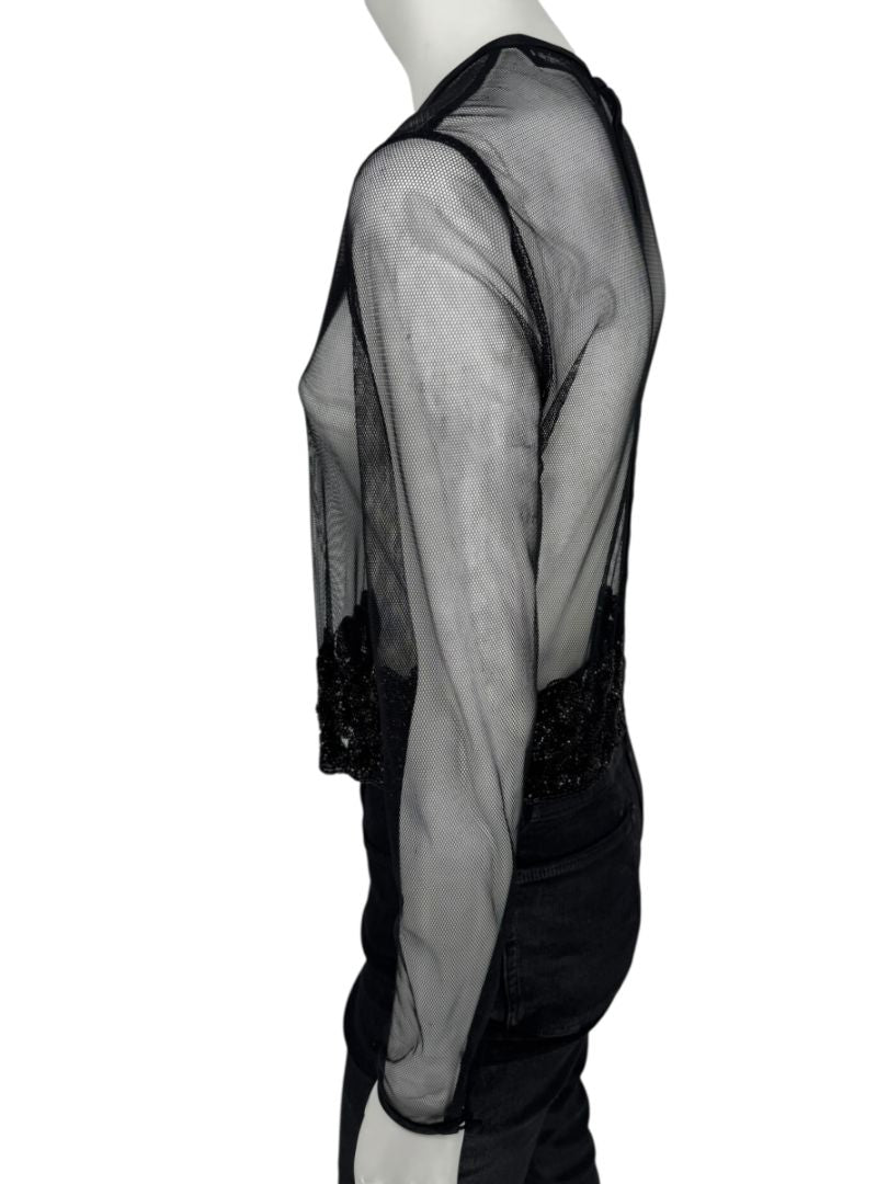 Linda Allard for Ellen Tracy Black Sheer Mesh Beaded Blouse - Size 12