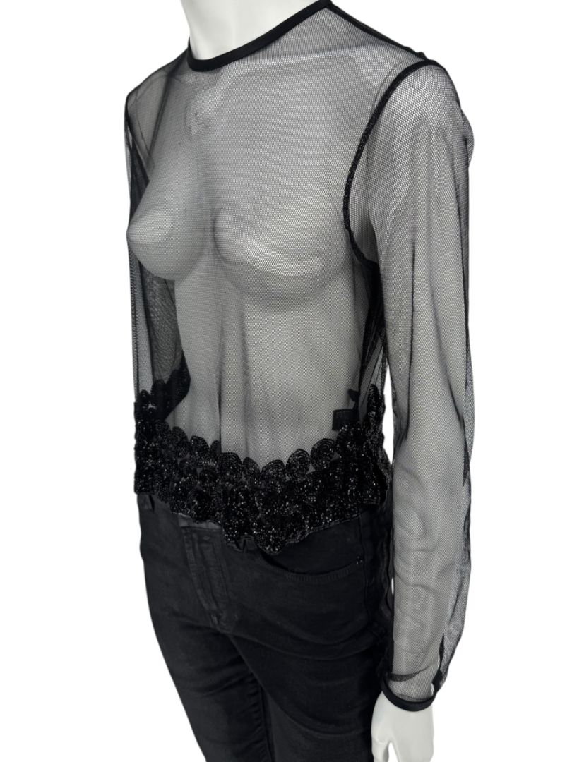 Linda Allard for Ellen Tracy Black Sheer Mesh Beaded Blouse - Size 12
