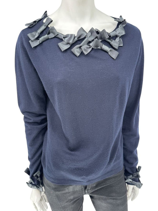 Rena Lange Navy Wool Sweater with Satin Bow Detail – Size 14 US / 46 FR