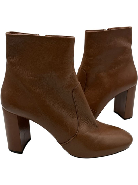 Prada Caramel Round Toe Leather Block Heel Booties – Size 39