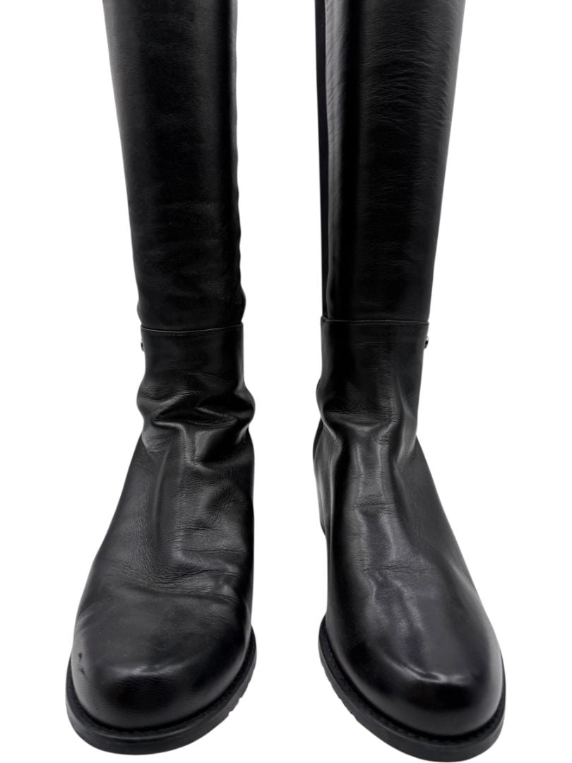 Stuart Weitzman Black Leather & Stretch Fabric 50/50 Knee-High Riding Boots – Size 8M