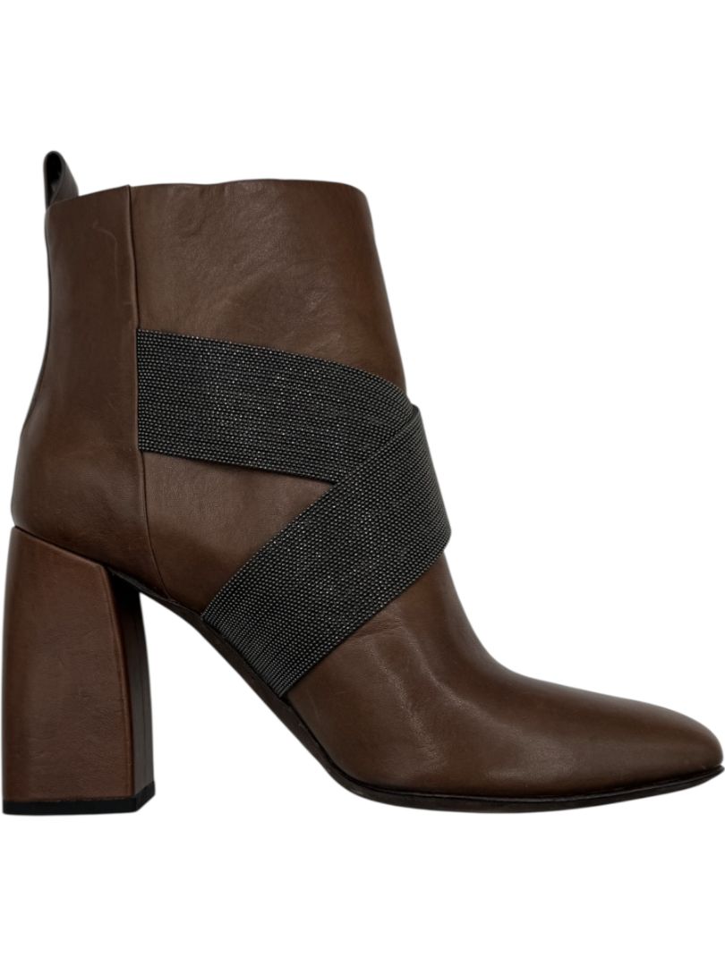 Brunello Cucinelli Brown Leather Ankle Boots with Criss-Cross Monili Straps – Size 39