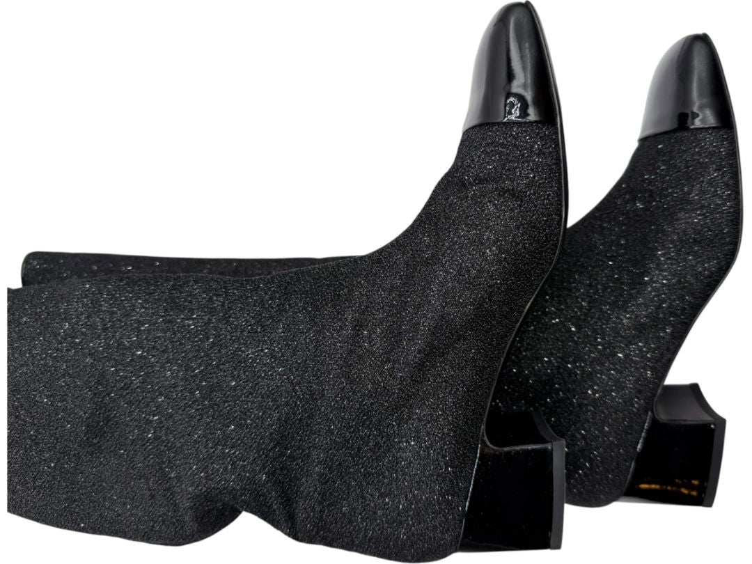 Chanel Black Glitter Fabric & Patent Leather Square Toe Boots – Size 39.5