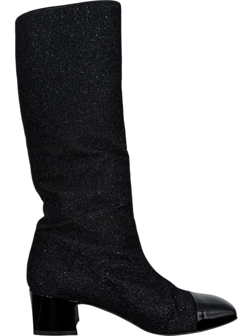 Chanel Black Glitter Fabric & Patent Leather Square Toe Boots – Size 39.5