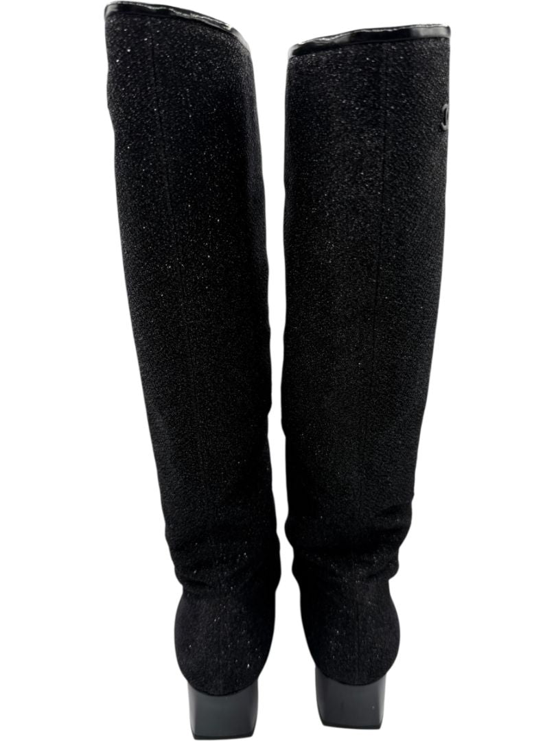 Chanel Black Glitter Fabric & Patent Leather Square Toe Boots – Size 39.5